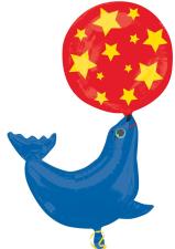 Seehund Silberfolienballon mit Ball:95 x 79 cm, blau/rot 