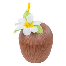 Kokosnuss Becher mit Trinkhalm und Hibiskus-Blüte: Hawaii Party Deko:4 dl, mehrfarbig