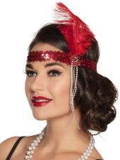 Accessoires:20er Jahre Pailletten Stirnband mit Feder:rot 