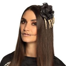 Skeleton hand hair clip with black flower:black