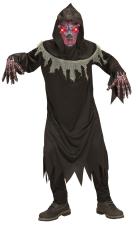 Accessoires:Teuflischer Sensemann Kinderkostüm:Robe, Handschuhe, Maske mit Kapuze und leuchtenden Augen:schwarz/rot 128 cm