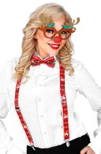 Rentier Set: Brille, Hosenträger, Fliege:rot