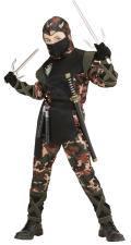 Soldat ninja : haut avec capuche et rubans, pantalon avec rubans, ceinture, masque:couleur de camouflage 
