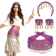 Belly Dance Set with Hair Scarf, Bracelets, and Belt:purple 