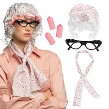 Grossmutter-Set mit Schlafmütze, Halstuch, Brille, Lockenwickler 