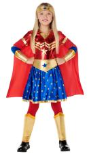 Kids costume superheroine: headband, shirt, cape, belt, skirt, bracers and greaves:red 