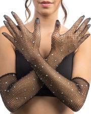Netz Handschuhe mit Strass:45 cm, schwarz