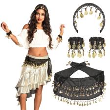 Belly Dance Set with Headband, Bracelets and Hip Scarf:black 