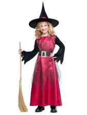 Kinderkostüm Rote Hexe – Magisches Hexenkleid mit Hut für Halloween-Party:rot/schwarz 