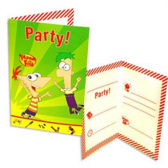 Phineas & Ferb Invitation cards:6 Item, 9 cm x 14 cm, green 
