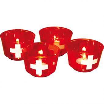 Schweizer Kreuz Teelicht Becher: 1.August Dekoration inkl. Kerzen:4 Stück, 6 x 9 cm, rot 