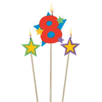 Bougie numéro 8 avec des étoiles:3 pièce, 12.2 / 13.5cm, coloré 