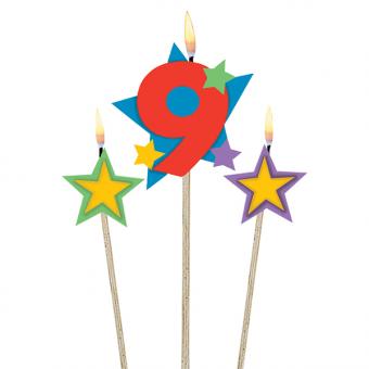 Bougie numéro 9 avec des étoiles:3 pièce, 12.2 / 13.5cm, coloré 