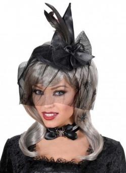 Mini Witch hat with feathers and tulle veil:black One size