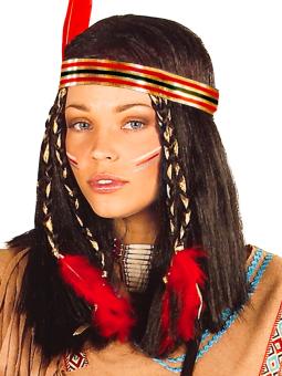 Perücke Indianerin mit Stirnband und Feder:schwarz 