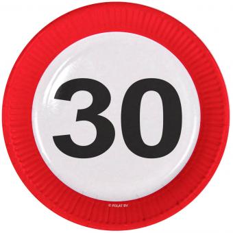 30. Birthday  Party plates: Traffic sign zone 30:8 Item, 23cm, red/white 