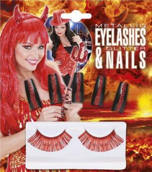 Glitter fingernails and eyelashes:red 