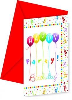 Happy Birthday Streamers Einladungskarten:6 Stück, 9 cm x 14 cm, bunt 