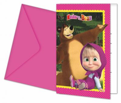 Masha&Bear Einladungskarten:6 Stück, 9 cm x 14 cm, pink 