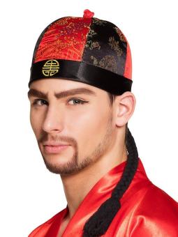 Mandarin Hut mit Haar: Chinesen Mütze:rot 