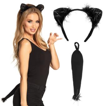 Katzen Kostüm-Set: Kopfteil und Schwanz:schwarz 