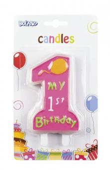 Kerze #1 'My 1st birthday' mit Halter:9cm, rosa 