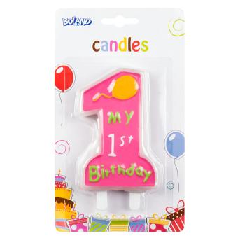 Candle #1 My 1st birthday with Holder:9cm, pink 