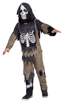 Zombie Skeleton Costume for Kids with Hood and Mask – Creepy Halloween Look:black/brown 