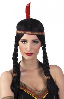 Perücke Indianerin Annea: mit Stirnband und Feder:schwarz 