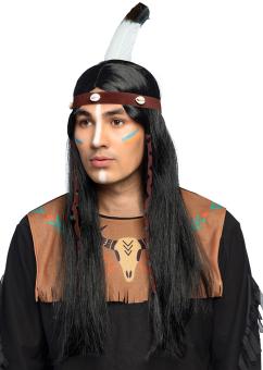 Perücke Indianer Takoda: mit Stirnband und Feder:schwarz 
