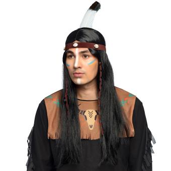 Wig Indian Takoda: with Headband and Feathers:black 