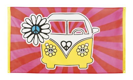 Hippie Bus Fahne: Flower Power Party Deko:90 x 150 cm, mehrfarbig 