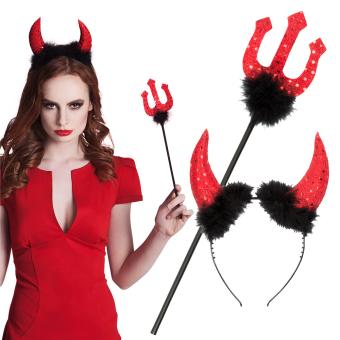 Teufel Déguisement-Set: horns und Dreizack 40 cm:rouge 