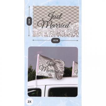 Drapeaux de voiture de mariage "Just Married":2 pièce, 30 x 45 cm, argent 