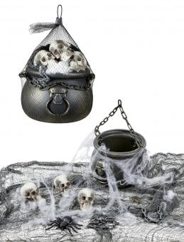 Skull decoration set: cauldron, skulls, spider web 