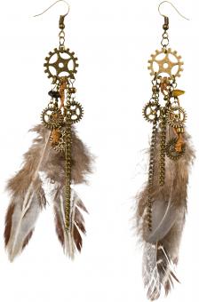 Steampunk earrings with feathers:brown 