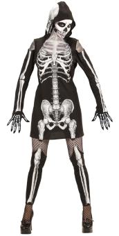 Skelett Kostüm: Kleid mit Kapuze und Leggings:schwarz 