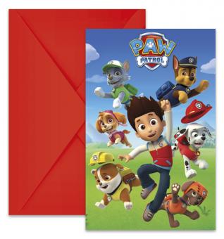 Paw Patrol: Einladungskarten / Umschlag mit Ryder und seinen Freunden:6 Stück, 9 cm x 14 cm, rot 