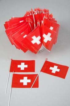 Plastikfähnchen Schweiz:5 Stück, 10 x15 cm, Stab 25 cm, rot/weiss 
