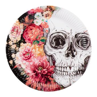 Halloween Assiettes Day of the dead avec des fleurs et crâne:10 pièce, 23 cm, rose/blanc 