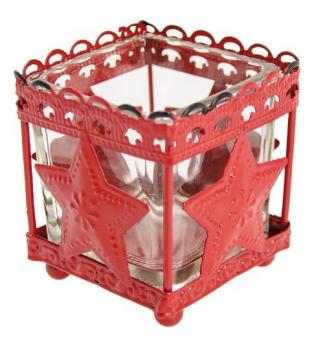 Teelicht-Glas quadratisch mit Sternen :5cm x 5cm x 6cm, rot 