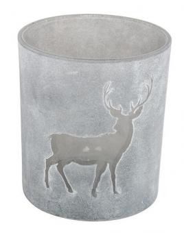 Tealight glass with reindeer:9cm x 10cm, grey 