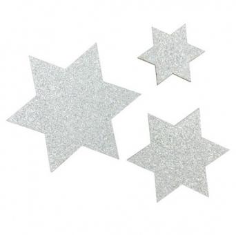Glitter stars:12 Item, 6.5cm bis 3cm / 40g, silver 
