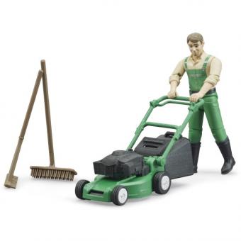 BRUDER: Gardener with lawn mower and garden tools 