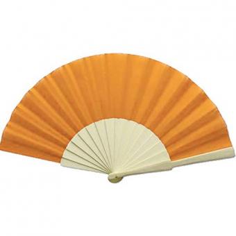 Éventail en tissu avec manche en bois:42 x 23 cm, orange 