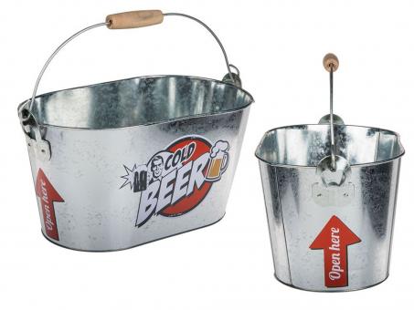 Oval metal bucket of cold beer with bottle opener:33x20cm, silver 