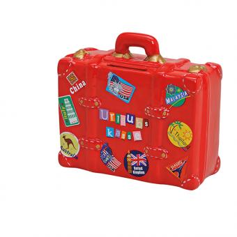 Spardose Koffer mit Urlaubssticker:rot 