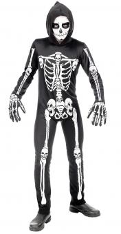 Skelett Kinderkostüm: Overall und Kapuze:schwarz 158 cm