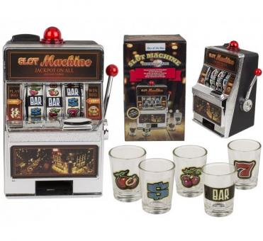 Drinking game slot machine with 5 shooter glasses: 