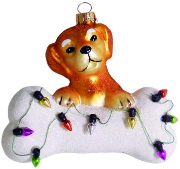 Dog with bone & fairy lights: Christmas tree decorations:9cm 